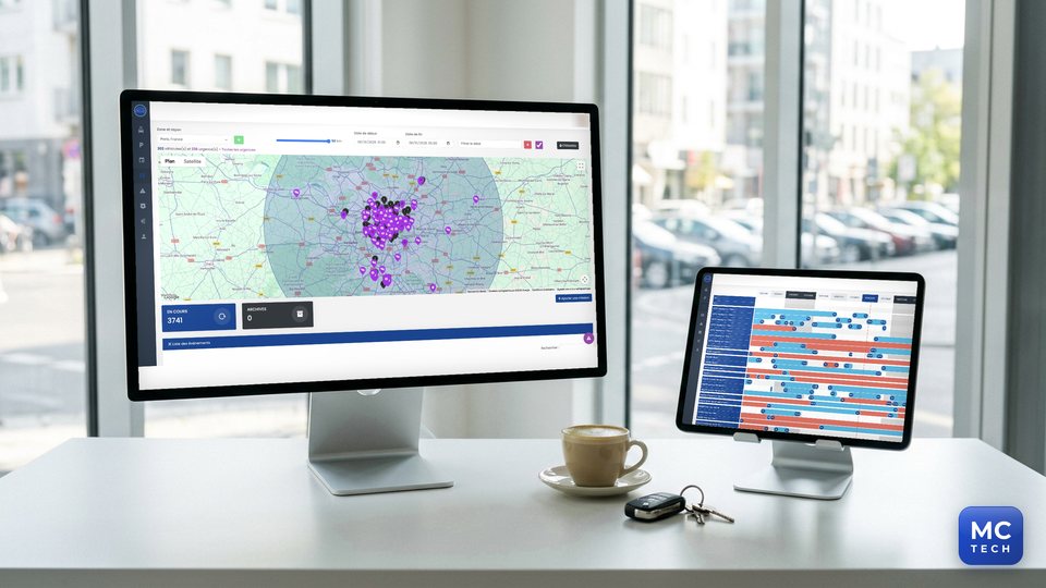 CRM d'En voiture Germaine sur un écran de bureau et une tablette : carte des missions des techniciens et planning des locations