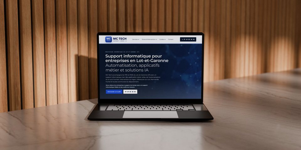 Ordinateur portable posé sur un bureau, affichant la page d'accueil du site mc-tech.fr