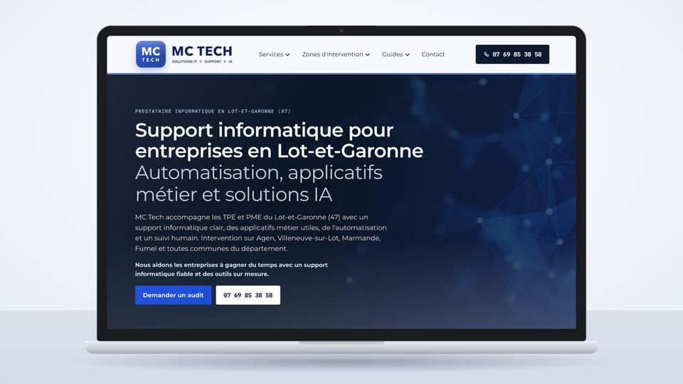 Page d'accueil du site mc-tech.fr affichée sur un écran d'ordinateur portable